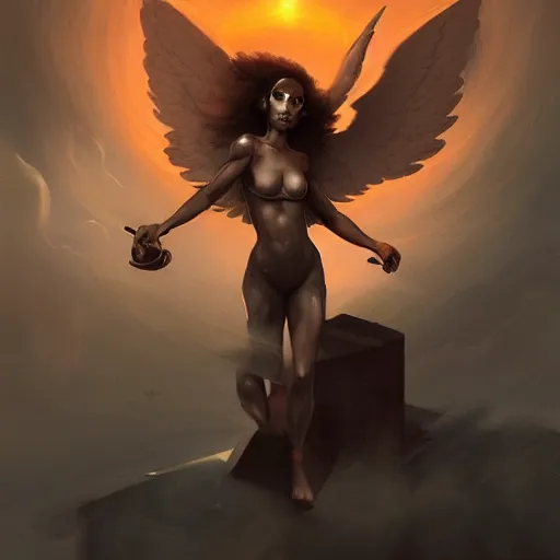 Image similar to made bypeter mohrbacher, a black female angel hovering in the sky, dystopian background, ultra realistic, 4 k, detailed, concept art, fantasy, deviantart, intricate, masterpiece, award winning,