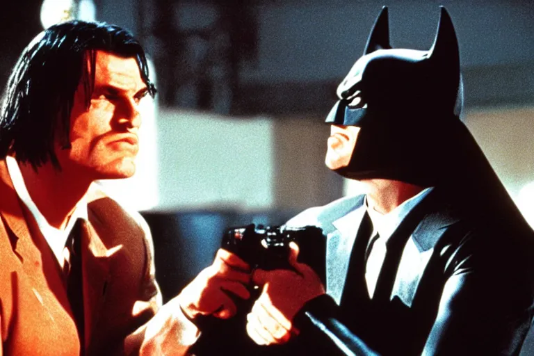 Image similar to film still of batman in pulp fiction.