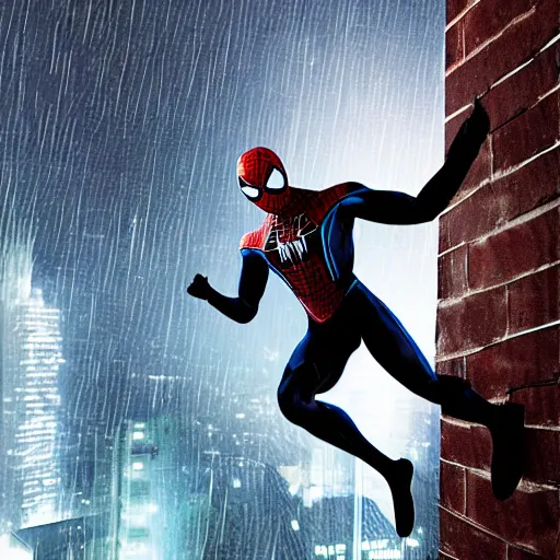 Image similar to black tech suit spider - man blue eyes hanging in tall tower at night rain ultra realistic high quality 8 k photo realistic highly detailed