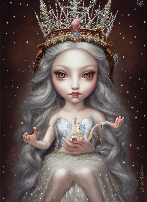 Prompt: highly detailed closeup portrait of a snow, ice princess wearing a crown and sitting on a throne, nicoletta ceccoli, mark ryden, lostfish, earl nore, global illumination, god rays, detailed and intricate environment