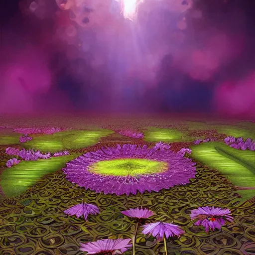 Image similar to a beautiful and detailed picture of a field of black lotus flowers with petals in a fibonacci sequence, in the style of magic the gathering, highly detailed, digital painting, god rays, volumetric lighting, octane render, 4 k resolution, art by artgerm and greg rutkowski and alphonse mucha, masterpiece