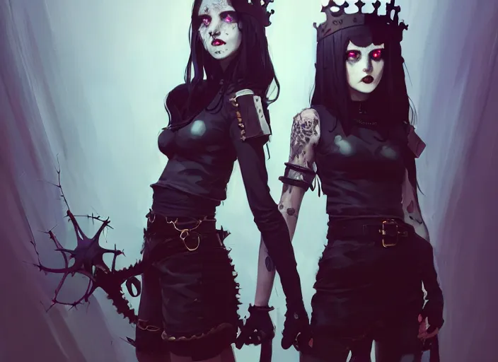 Prompt: portrait of two cute goth maiden girls with crown of thorns and white short hairs, dressed in leather belts, warhammer, cyberpunk, by atey ghailan, by greg rutkowski, by greg tocchini, by james gilleard, by joe gb fenton, by kaethe butcher, dynamic lighting, gradient light blue, brown, blonde cream and white color in scheme, grunge aesthetic