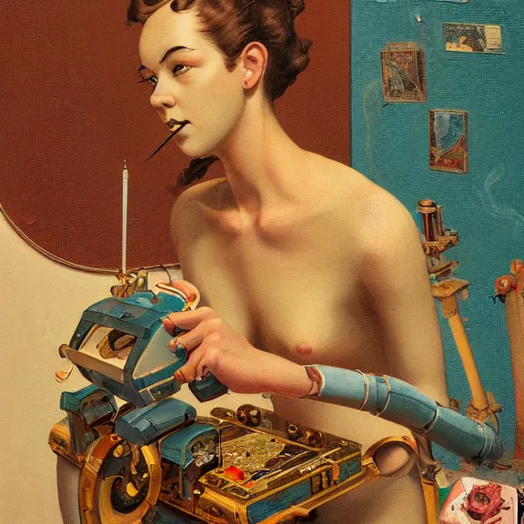 Prompt: robot artist painting a self - portrait on a canvas. intricate, highly detailed, photorealistic, digital matte painting, in the style of alexandros pyromallis, and in the style of sachin teng, and in the style of hans thoma, and in the style of gil elvgren. irony, recursion, inspiration.