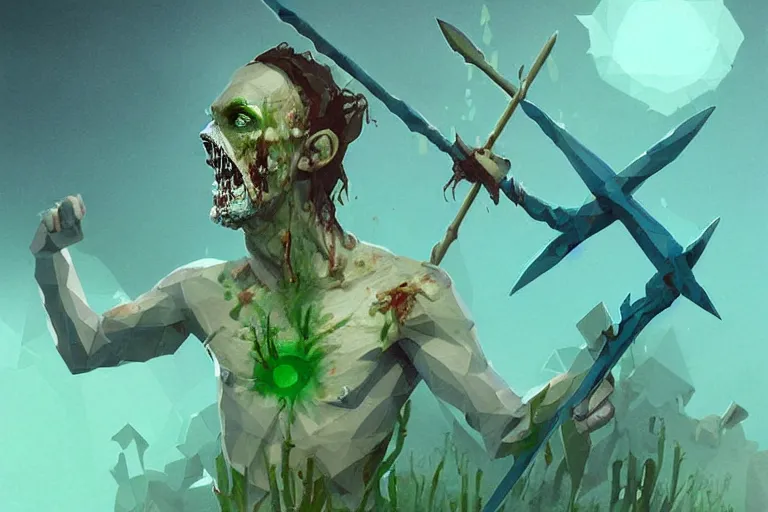 Prompt: low poly painting by greg rutkowski of a drowned zombie holding a trident with glowing cyan eyes, wearing ragged clothing, holding a trident, underwater, pastel green and blue color palette