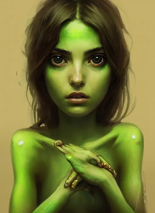 Image similar to portrait of my ethereal waifu cute innocent green slimy alien female froggy lady, ana de armas, with adorable uwu eyes painted by greg rutkowski, wlop,,