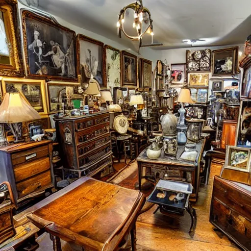 Image similar to a wide angle photo of an antique shop