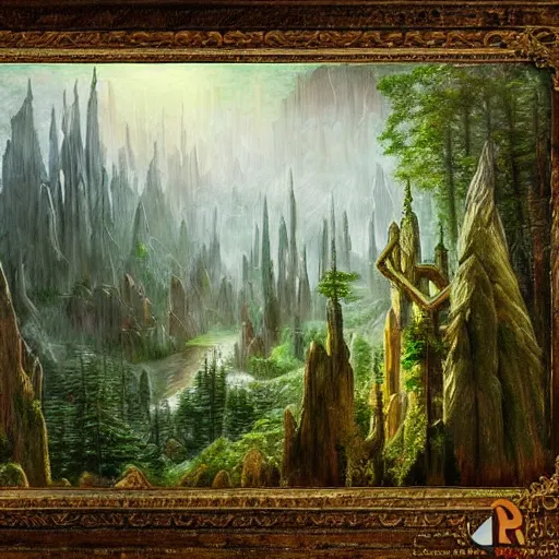 Prompt: a beautiful and highly detailed oil painting of an elven temple deep in the misty mountains, secret valley, tall spires, beautiful trees, ancient runes, intricate details, epic scale, insanely complex, 8 k, sharp focus, hyper realism, fantasy landscape, psychedelic, by caspar friedrich and brian froud and albert bierstadt,