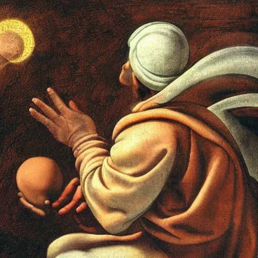 Prompt: Pensive Wizard Examining Eggs, by Michelangelo.