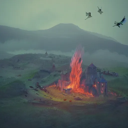 Prompt: a royal gigantic!! medieval castle on fire, on top of a hill, birds eye view from a distance, intense smoke, burning down, intense flames, center focus, landscape by simon stalenhag, rendered by beeple, by makoto shinkai, digital art