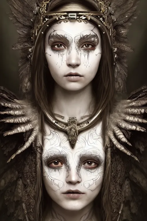 Image similar to A masterpiece ultrarealistic portrait of a Irristible angel princess tribal-shaman-knight-witch-ghost with Skull Iron mask. baroque renaissance girl in the night forest. medium shot, intricate, elegant, highly detailed. trending on artstation, digital art, by Stanley Artgerm Lau, WLOP, Rossdraws, James Jean, Andrei Riabovitchev, Marc Simonetti, Yoshitaka Amano. background by James Jean and Gustav Klimt, light by Julie Bell, 4k, porcelain skin.