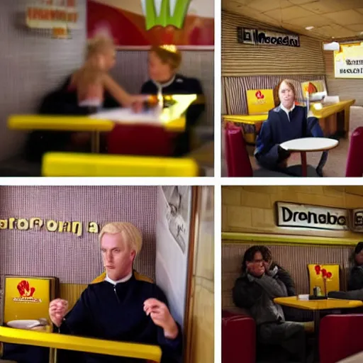 Image similar to Two different people sitting at a booth in McDonalds, one of the people is Draco Malfoy, the other character is Eddie Munson, McDonalds interior background, photo