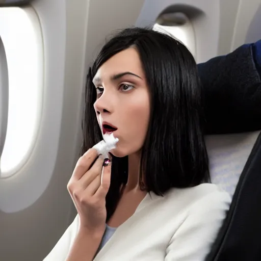 Prompt: a beautiful dark - haired girl causes chaos by smoking on the plane britishairways photo