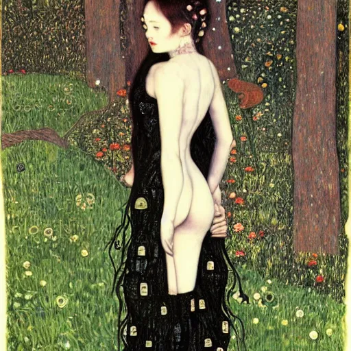 Image similar to Hannah Fierman with beautiful clear defined face and body as a gothic victorian woman clothed in black dress standing in front of a lake near an ominous forest. Junji Ito, Gustav Klimt, sharp focus, HR Giger