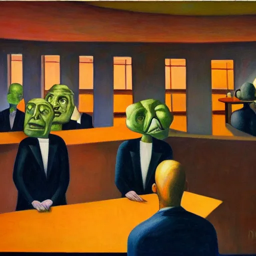 Prompt: people with empty bowl heads, blank stares, dystopian, pj crook, edward hopper, oil on canvas