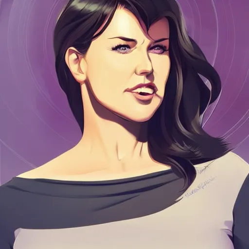 Image similar to lucy lawless with brunette hair, clean cel shaded vector art. shutterstock. behance hd by lois van baarle, artgerm, helen huang, by makoto shinkai and ilya kuvshinov, rossdraws, illustration.