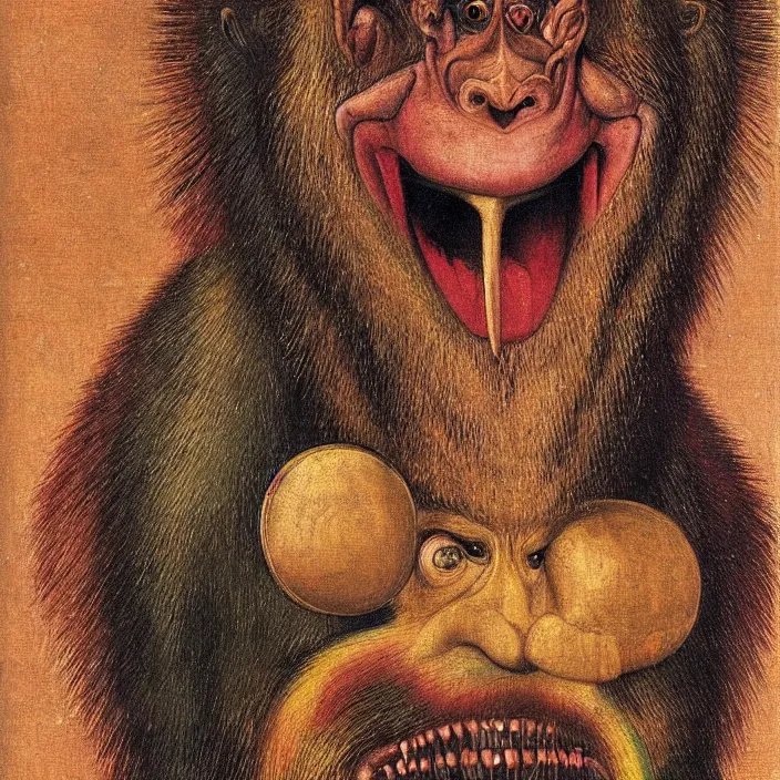 Image similar to close up portrait of a mutant monster creature with colourful mandrill - like nose, baldness, needles portruding through the cheeks, painted forehead, medusae beard. jan van eyck