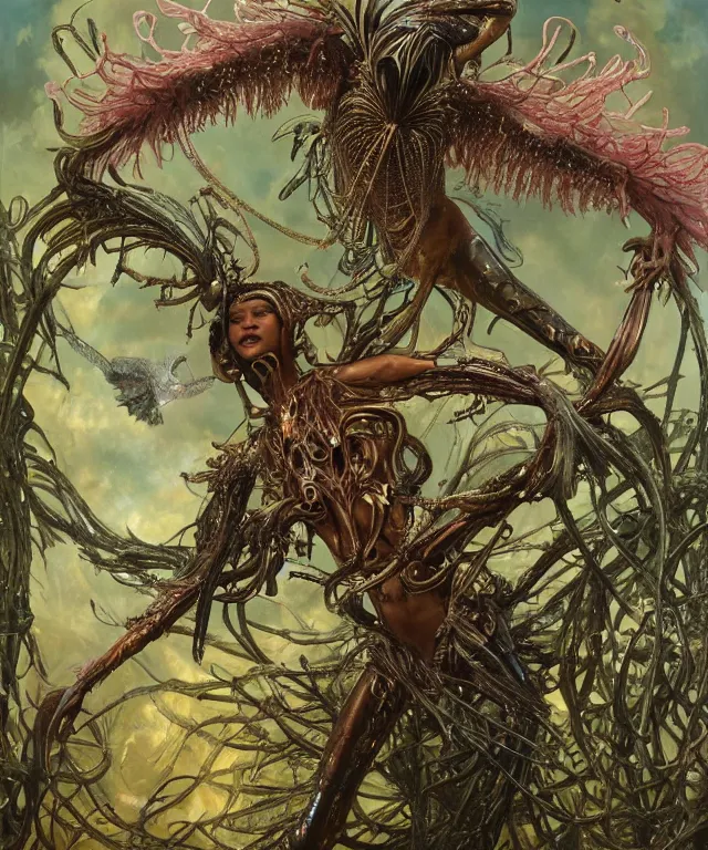 Prompt: a portrait photograph of zendaya as a strong alien harpy queen with amphibian skin. she is dressed in a colorful slimy organic membrane catsuit and transforming into an bird with an armored exoskeleton. by donato giancola, walton ford, ernst haeckel, peter mohrbacher, hr giger. 8 k, cgsociety, fashion editorial