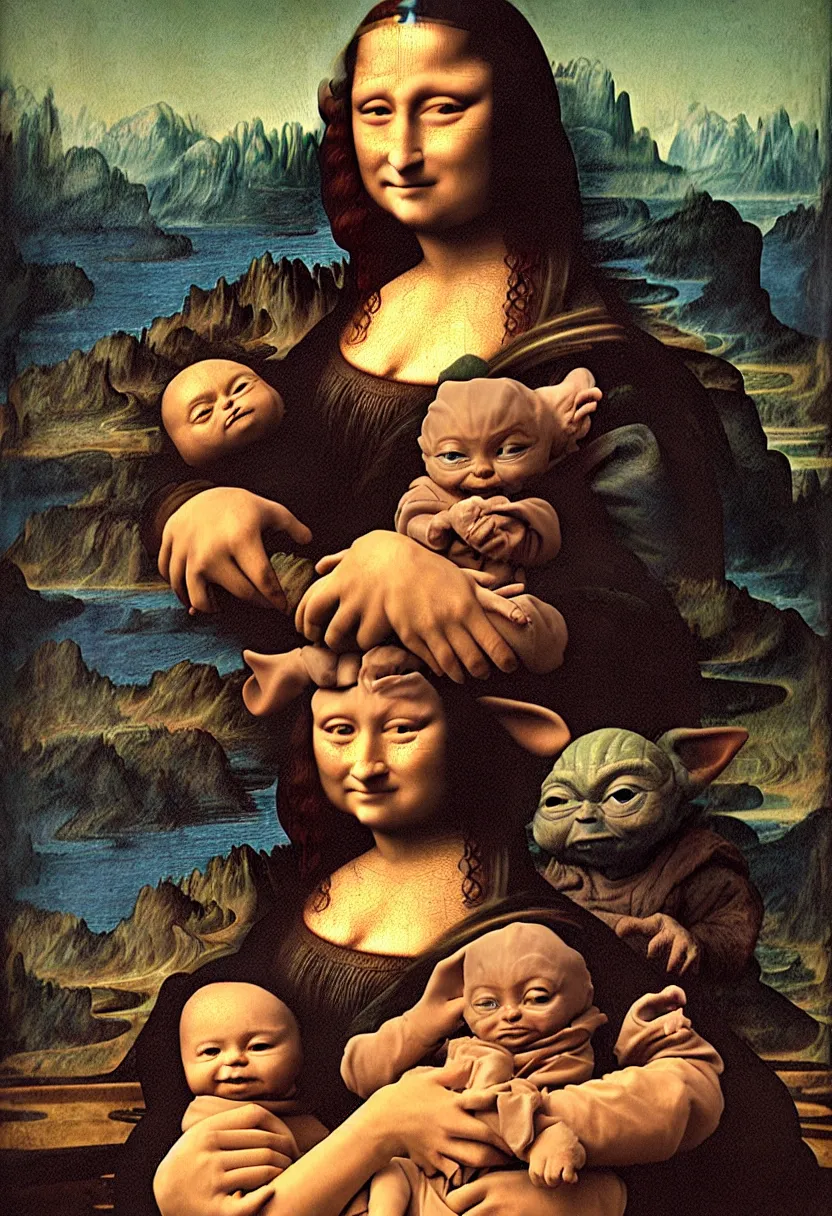 Prompt: the Mona Lisa holding Baby Yoda