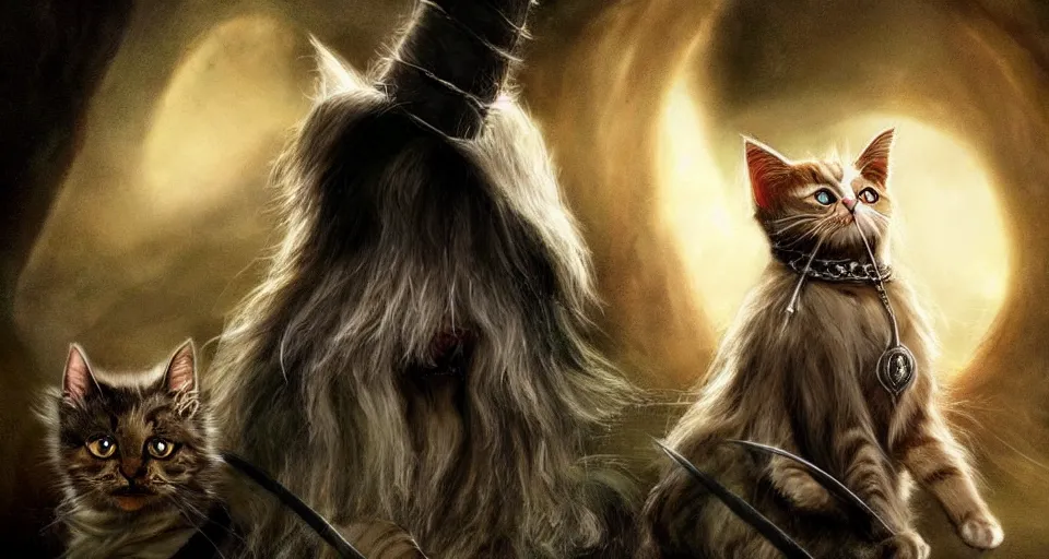 Prompt: if cats were lord of the rings characters, lotr, cats, cats dressed in lotr costumes, the fellowship of the ring as cats, hobbits, gandalf, elves, dwarves, multiple cats, 4 k, hyper realistic, artstation