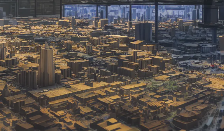 Image similar to large group people in simple warehouse, looking at hologram of futuristic downtown on a table, cinematic concept art, godrays, golden hour, natural sunlight, 4 k, clear details, tabletop model buildings, center model buildings, hologram center, crane shot, crane shot, crane shot, clear details, windows