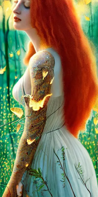 Image similar to young woman surrounded by golden firefly lights in a stunning scene, amidst nature fully covered by a intricate detailed dress, long red hair, precise linework, accurate green eyes, small nose with freckles, smooth oval shape face, empathic, bright smile, expressive emotions, hyper realistic ultrafine art by artemisia gentileschi, jessica rossier, boris vallejo