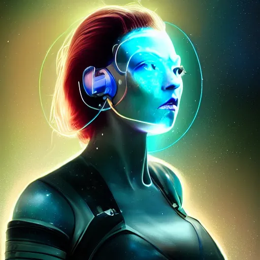 Prompt: celestial female machine, facial portrait, retro-futuristic, legendary epic shot, 90s make-up, galaxy space hunter, cyber implants, wires, low angle, dawn, by artgerm, julie bell, beeple and Greg Rutkowski, airbrush, science fantasy, 90s, concept art, realistic matte painting, Smooth gradients, octane render, 8k, High contrast, duo tone, depth of field, volumetric lightning, very coherent, symmetrical, skin pore detail