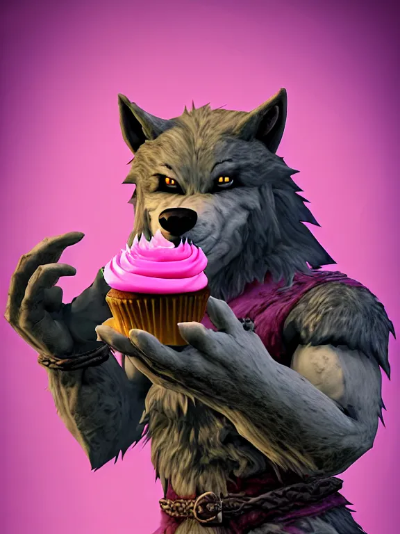 Prompt: cute handsome cuddly burly surly relaxed calm timid werewolf from van helsing holding a cute cupcake with pink frosting in a candy shop sweet unreal engine hyperreallistic render 8k character concept art masterpiece screenshot from the video game the Elder Scrolls V: Skyrim