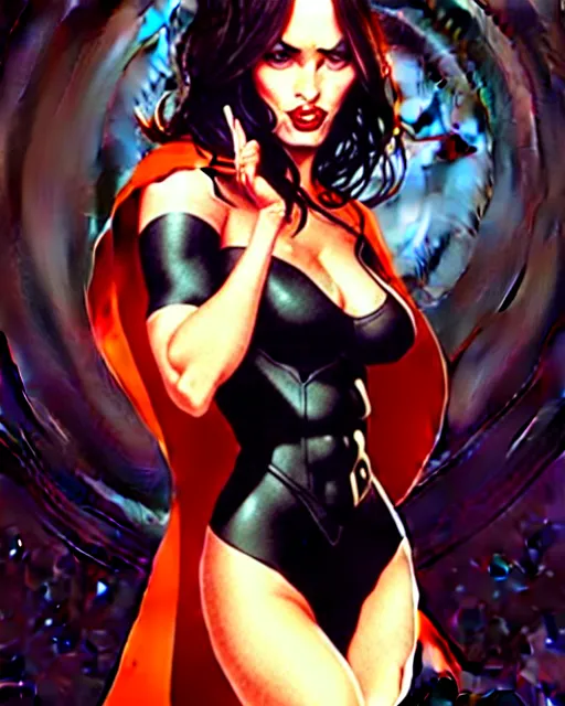 Image similar to artgerm, joshua middleton comic cover art, full body pretty megan fox vampire sharp teeth, red dress, symmetrical eyes, symmetrical face, long curly black hair, dark castle background background, cinematic lighting