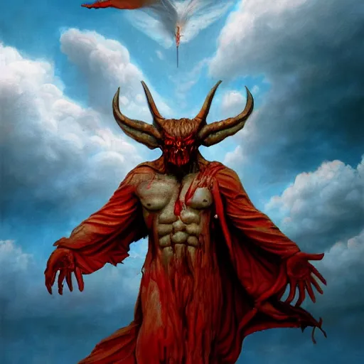 Image similar to realistic painting of a huge bloody satanic figure flying in the sky by michael whelan, ultra realistic, 8 k, streched and creepy painting. trending on, octane renderer, mesmerizing, aesthetic, beautiful