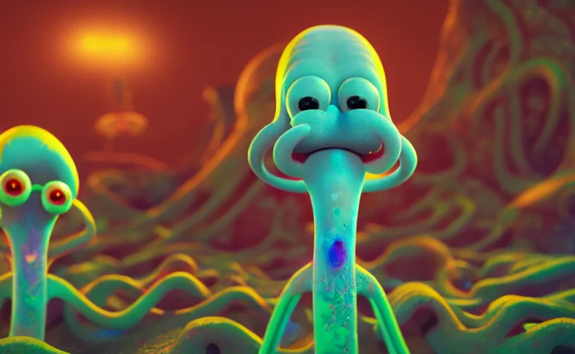 Prompt: squidward taking an acid trip, digital painting, octane render, intricate detail, highly detailed, trending on artstation