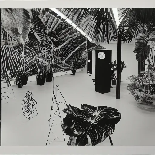 Image similar to A black and white photography printed in offset lithography of an exhibition space with works of Sun Ra, Marcel Duchamp and tropical plants, 60s, Modern Art