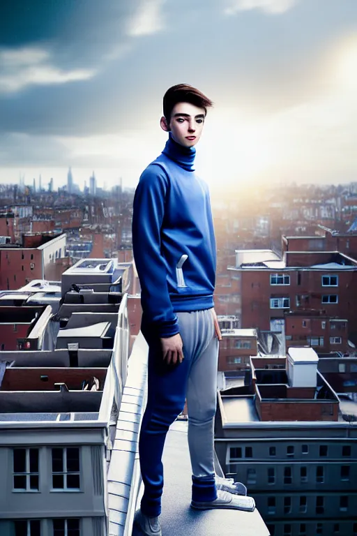 Image similar to un ultra high definition studio quality photographic art portrait of a young man standing on the rooftop of a british apartment building wearing soft padded silver pearlescent clothing. three point light. extremely detailed. golden ratio, ray tracing, volumetric light, shallow depth of field. set dressed.