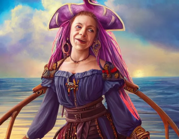 Prompt: painting of an old pirate queen standing on her ship. she is kind, wise, fierce. her swords are at her side. a young girl stands next to her, smiling. lush detail and color. fantasy, anime illustration, intricate, sharp focus, 8 k resolution, frostnine engine