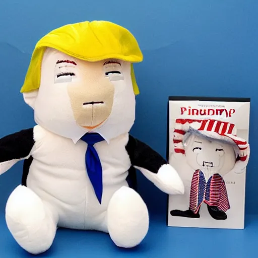 Prompt: donald trump as a plushy toy with prisoner clothes on