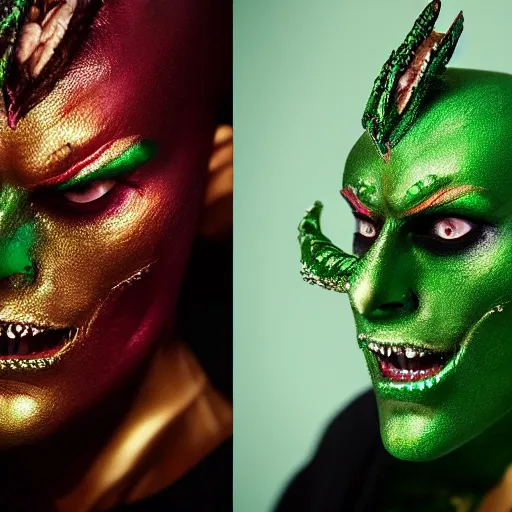 Prompt: a demon inspired by emeralds created by the make up artist hungry, photographed by andrew thomas huang, cinematic, expensive visual effects