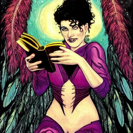 Image similar to young jennifer connelly as odile, gothic dark fae disney villain with black feathers instead of hair, wearing black and purple jumpsuit, zero g, reading a book, feathers growing out of skin, pulp sci fi, mike mignola, david mack, romantic, comic book cover, vivid, beautiful, illustration, highly detailed, oil painting