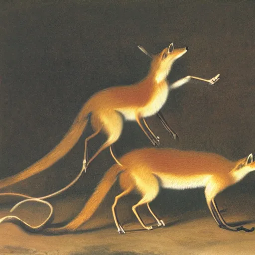 Image similar to group of long necked fox wolf rats wearing clothes, by george stubbs, oil painting