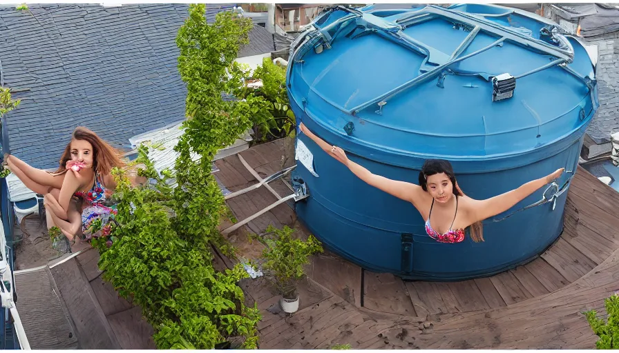 Image similar to on the roof of a house, a beautiful young woman floats in the water tank. the overall color is blue, with a dreamy feeling.