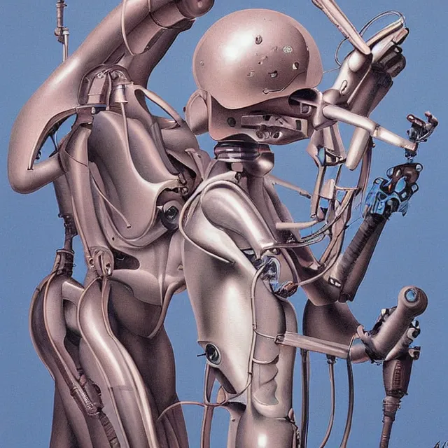 Prompt: robot artist painting a self - portrait on a canvas. intricate, highly detailed, digital matte painting in the style of alberto vargas and in the style of wayne barlowe. irony, recursion, inspiration.