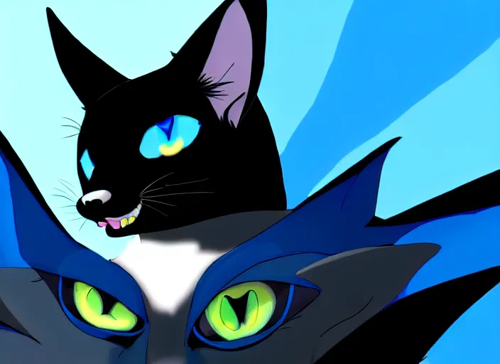 Image similar to a blue - and - black male catbat fursona with blue / green heterochromatic eyes ( differently - colored eyes, one eye green, one eye blue ) and huge bat ears, photo of the catbat streaming on his computer