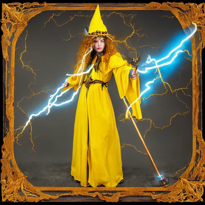 Image similar to photograph of a real - life beautiful elemental lightning witch with ornate yellow and blue robes and staff. extremely detailed. 8 k