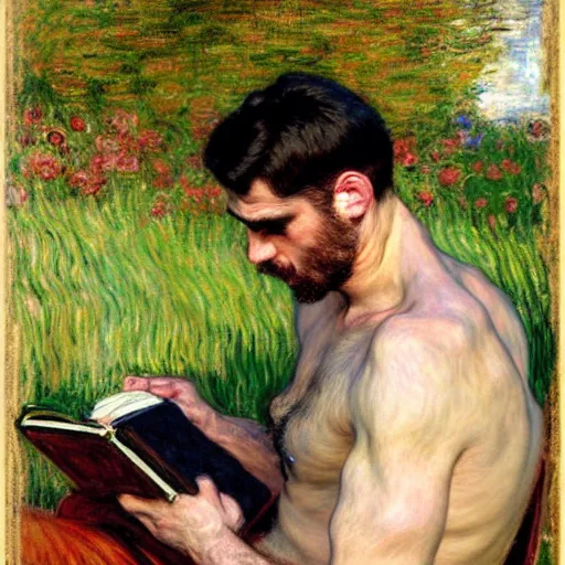 Image similar to attractive man reading a book, painting by tom of finland, john william waterhouse, claude monet