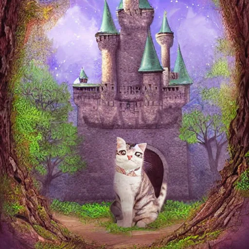 Prompt: a large castle in the shape of a cat, in the middle of a forest, digital art painting