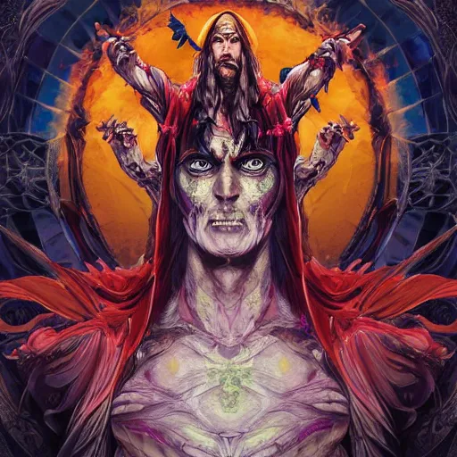 Image similar to 4K headshot portrait of godlike Warlock of Nazareth with defined arms and open hands and bloody clothes with giant mandala wings , intricate face , flawless anime cel animation by Kentaro Miura, psychedelic , highly detailed upper body , professionally post-processed , beautiful, scary, symmetry accurate features, epic, octane rendered, anime masterpiece, accurate by Craig Mullins, ilya kuvshinov, krenz cushart, epic , artgerm trending on artstation by Edward Hopper and Dan Mumford and WLOP and Rutkovsky, beksinski carl spitzweg moebius and tuomas kocar, intricate artwork by caravaggio, Unreal Engine 5, Lumen, Nanite