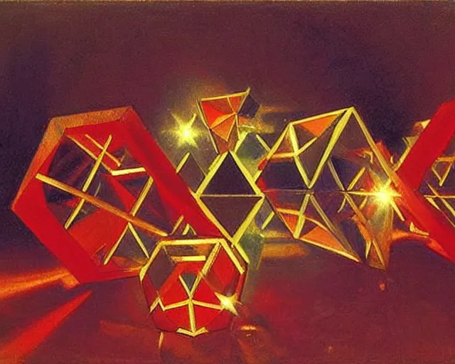 Image similar to painting by john singer sargent. hypercubes, tesseracts, three dimensional shadows of higher dimensional objects. diamonds and gold and bright red streaks of light. john singer sargent art style