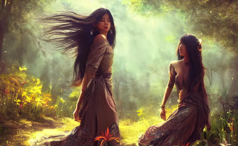 Prompt: beautiful Himalayan woman, sci-fi tibetan fashion, brown very very long hair, somber, scene of a summer forest with glowing blue lillies, dramatic light, wide angle, dramatic pose, dramatic angle , 8k hdr pixiv by Makoto Shinkai and Wojtek Fus