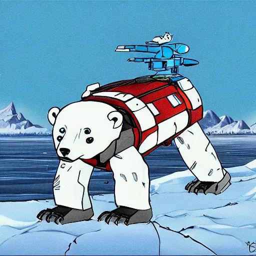Prompt: polar bear Mecha, running over the tundra, anime style
