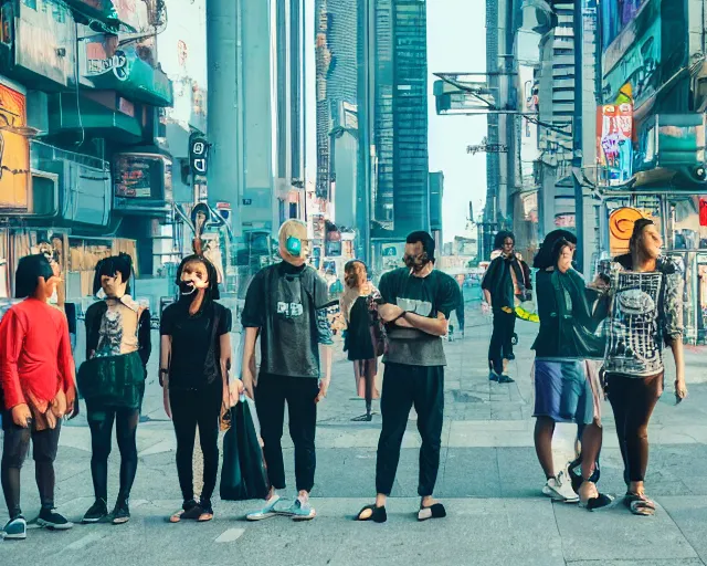 Image similar to group of people standing on a street corner in a cyberpunk city