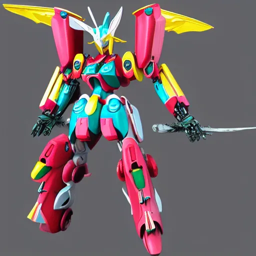 Image similar to realistic waterlilys shaped Gundam with sci-fi weapons and floral inlay, realistic, 8k resolution, digital art