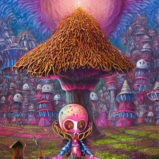 Image similar to 4 k headshot portrait of a psychedelic demonic anthropomorphic insect knight with mushroom themed clothes, magic mushroom village in background by jeff easley, award winning, stylized neon, post - processing, masterpiece, superb resolution. in the art style of junji ito and greg rutkowski. detailed mushroom city in background. hyper realistic anime. perfect art. dalle 2